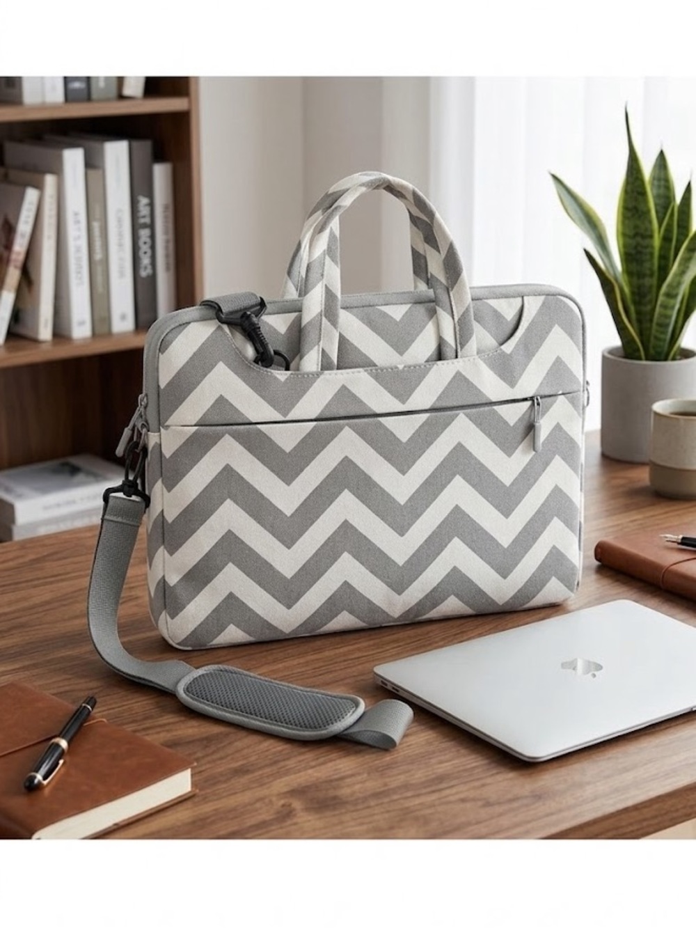 Laptop Bag Grey Chevron Print Multiple Pockets Safety Lining